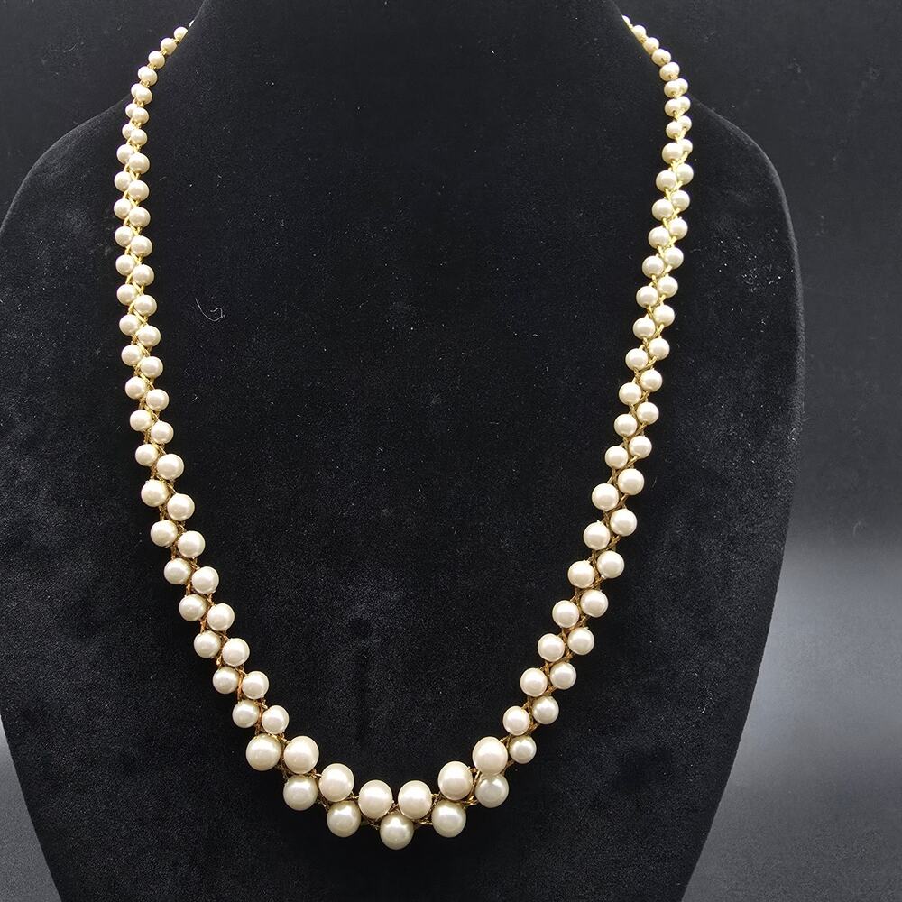 Vintage Faux Pearl Woven Necklace Gold Tone Costume Jewelry